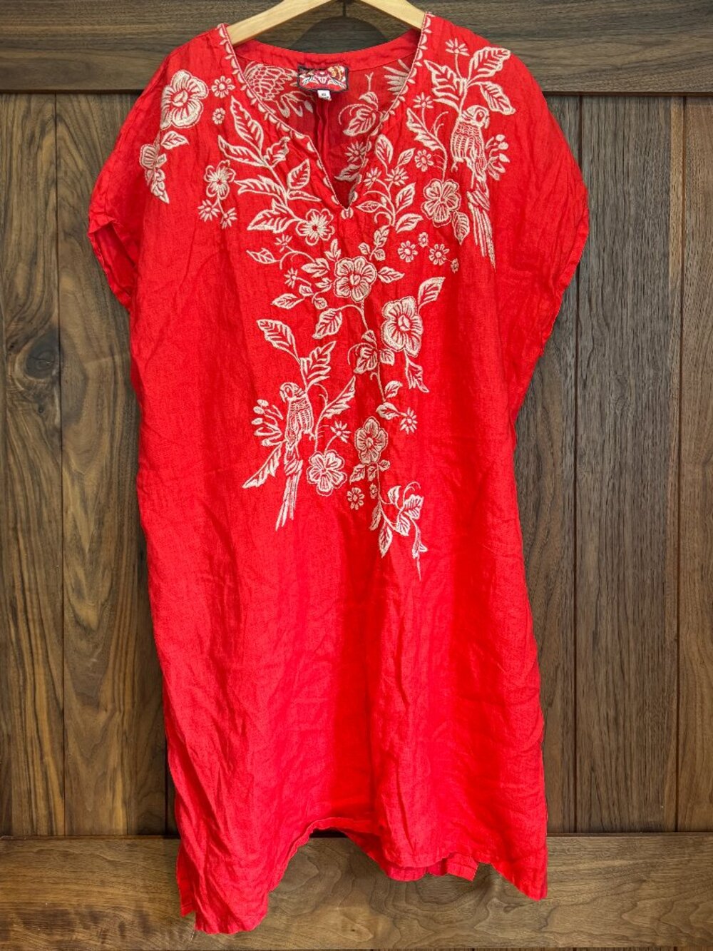 Johnny Was XXL Red Linen Parrot Floral Embroidered Tunic Blouse Boho
